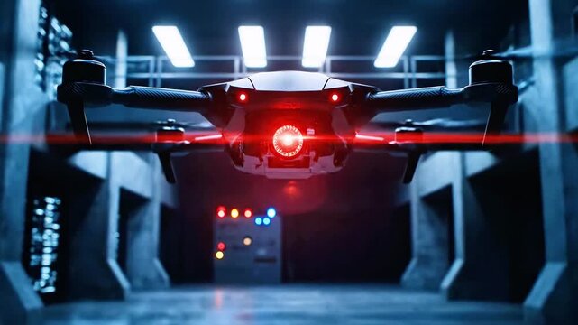 Low-flying drone hovers in dim parking garage red camera glow slicing through mist and concrete mood