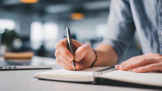 A hand holds a pen and writes in an open notebook on a desk, symbolizing planning, organization, and inspiration. The blurred background suggests a contemporary office setting