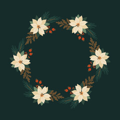 Ramka z białych poinsecji na granatowym tle &ndash; świąteczna wektorowa kompozycja.