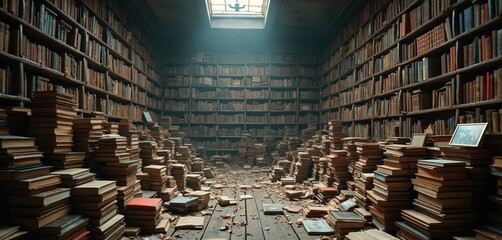 Vast library room filled floor to ceiling with books. Piles of old books stacked on floor. Dusty shelves hold numerous volumes, some scattered. Natural light filters from ceiling skylight.