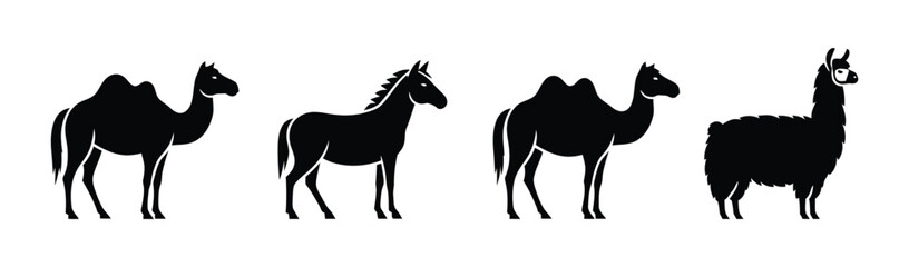 Collection of diverse animal silhouette icons featuring camels, a horse, and a llama © Tulippp