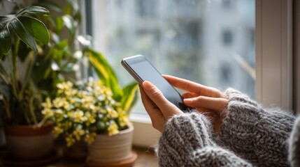 Fototapeta premium Hands hold a smartphone near plants in a bright room with a window during the day