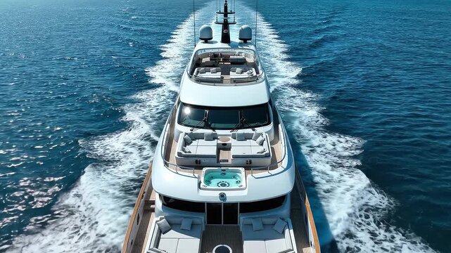 Top view drone shot of luxury yacht cutting through deep blue ocean, clean deck layout, symmetrical composition, ultra realistic, stock footage style