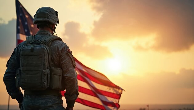 Soldier in uniform stands with American flag. Military service member faces sunset sky. Patriotism shown during memorial day or veteran events. Represents freedom and bravery.