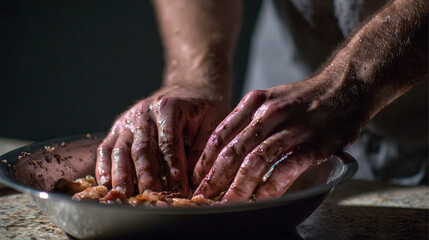 Food poisoning concept ,Dirty hands preparing food in shadowed kitchen create unhygienic environment