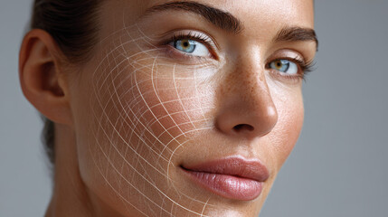 Collagen and supplement concept ,Youthful female face with glowing grid showing collagen regeneration and smooth skin
