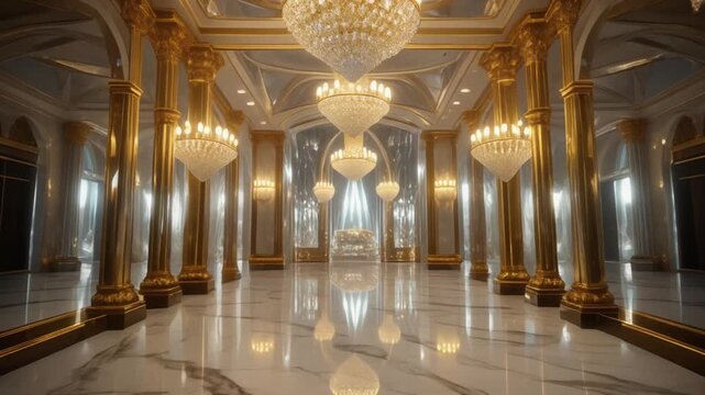 Opulent ballroom with sparkling crystal chandeliers, majestic golden columns, and reflective marble floors. Exuding luxury and timeless elegance for grand celebrations