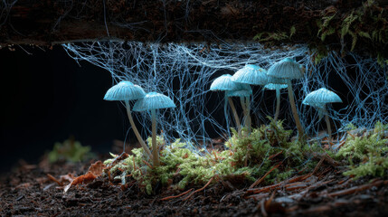Underground roots concept ,Bioluminescent fungi glow under log with intricate root systems