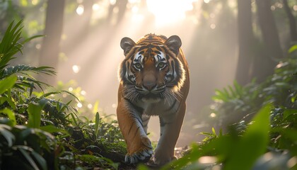 majestic tiger prowling through misty rainforest at dawn