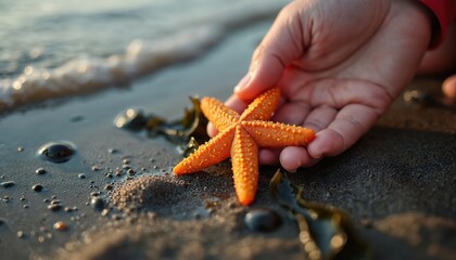 Childs hand holds orange starfish on wet sand near ocean waves. Small marine creature discovery on beach shore during summer vacation holiday.