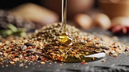 Golden olive oil gracefully cascades onto a vibrant medley of organic seeds and aromatic spices creating a rich texture and preparing for a healthy culinary creation highlighting fresh ingredients fo.