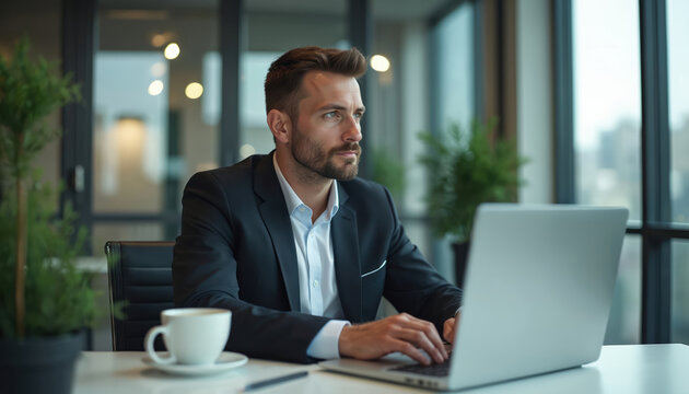 Bearded man in suit types on laptop at modern office desk. Businessman drinks coffee near large window with city view. Pro works on computer with plants in background. He looks thoughtful.