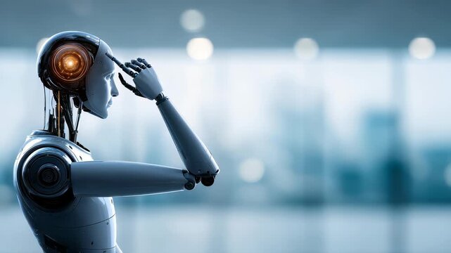 A thoughtful robot stands in profile, representing the integration of AI in contemporary workplaces and the future of human machine collaboration. The scene evokes progress and technological evolution