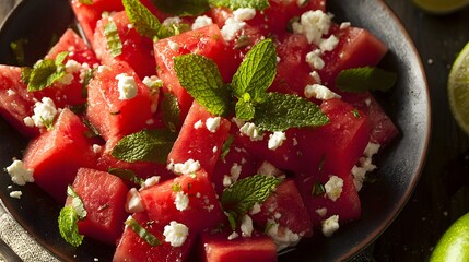 Cubes of refreshing summer fruit salad combined with crumbled cheese and fresh herbs are presented in a dark bowl.