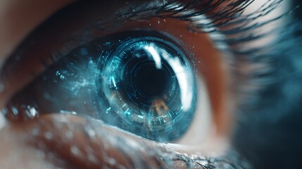 Extreme  view reveals a human eye overlaid with glowing digital interface elements