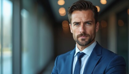 Naklejka premium Man in blue suit stands in modern office hallway. He has serious expression and looks directly at viewer. Style reflects success and ambition in business world.