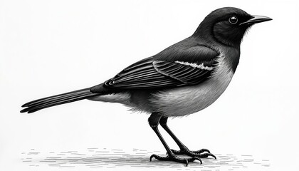Detailed line art illustration of small songbird in profile view. Bird black, white feathers, sharp beak, focused eye. Realistic feathered detail on wing, tail feathers. Elegant creature standing on