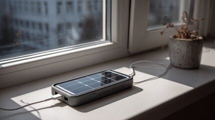 Solar charger sits on a windowsill next to a small plant in a sunny room during the afternoon