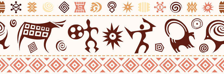 Ethnic seamless border on the theme of rock paintings, petroglyphs and geometric pattern, vector design, banner
