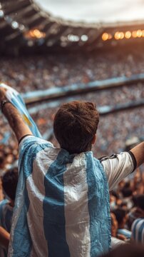 Argentina football supporter on stadium. Argentinian fans on soccer pitch watch team play. Group of supporters with flag and national jersey cheering for Argentina. Championship game