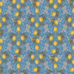 Seamless ornamental lemon and botanical pattern on blue background