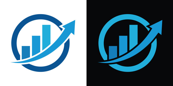 Blue bar chart logo with arrows on white and black backgrounds
