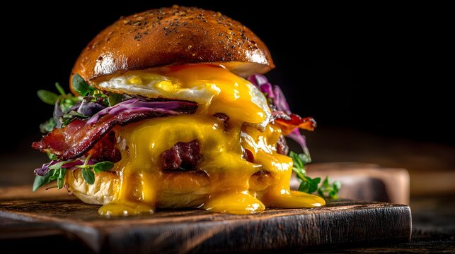 Decadent gourmet burger creation features copious melted cheese dripping over savory ingredients