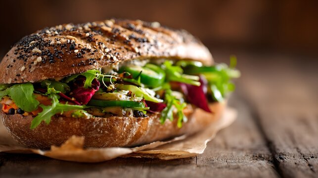 Hearty multigrain roll overflowing with fresh salad greens and sliced vegetables rests on a wooden surface