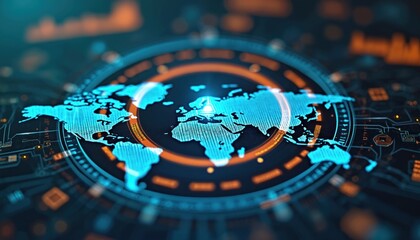 Futuristic digital world map interface displays global data analytics. Bright neon continents on dark tech background with circuits. Future info connection.