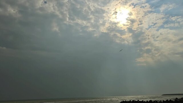 Wide static shot of a wide beach in kuwait on a cloudy dramatic day Sun shines through the clouds casting a strong light on the sea Two birds fly across the vast moody sky