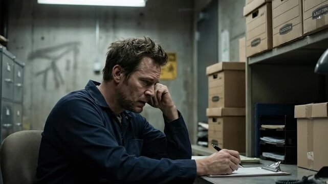 employee sitting - A contemplative man sits at a cluttered desk in a dimly lit room filled with stacked boxes, focusing intently on his notes with a serious expression