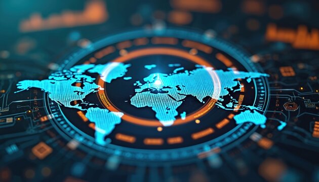Futuristic digital world map interface displays global data analytics. Bright neon continents on dark tech background with circuits. Future info connection. - Powered by Adobe