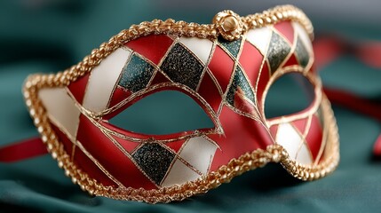 Decorative masquerade mask with intricate patterns in red, white, and gold, resting on a soft green fabric, symbolizing mystery and celebration during festive occasions