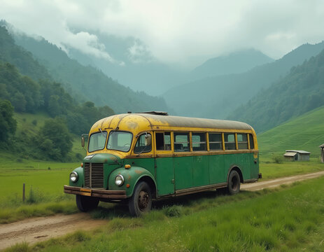 Old yellow green bus parked on dirt road in rich green countryside. Mountains covered with mist in background. Rural scene evokes nostalgia and journey.