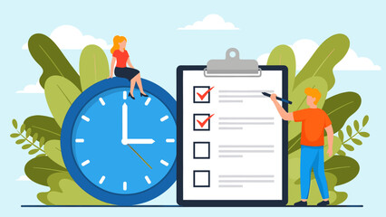 Man and woman checking tasks on clipboard with clock