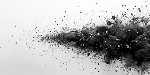 Black abstract ink splat background with transparent water droplets