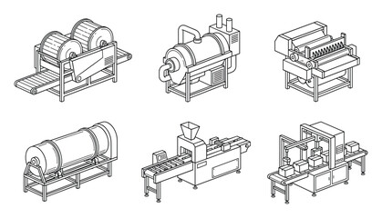 Obraz premium Isometric Line Art Illustrations of Industrial Machines and Processing Units