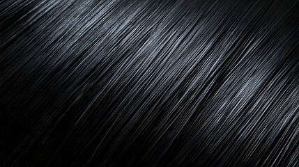 Diagonal close-up of straight, dark black hair strands with a dramatic sheen, highlighting the smooth, silky texture and movement.