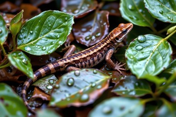 Striped Lizard Resting Among Wet Leaves After Rainfall, Natural Wildlife Beauty