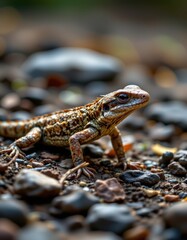 Macro Shot of a Perfectly Camouflaged Lizard Blending Into a Rocky, Earth-Toned Background, Perfect for Copy Space. Sharp Detail and Calming Aesthetics.