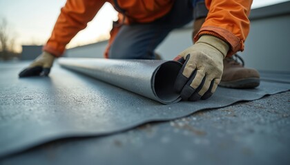 Worker installs waterproof membrane on commercial building rooftop. Construction worker wears gloves, unfurls heavy material for weather protection. Roof repair, building envelope. Safety first.