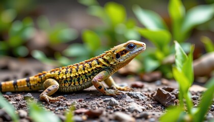 Vibrant Lizard basking in the sun, a wildlife portrait in a natural setting with soft lighting and copy space, a high-resolution image.