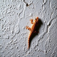 Orange Gecko Clinging to White Textured Wall at Night, Wildlife Photography with Copy Space, High Resolution Detail, Natural Lighting
