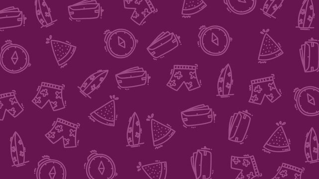 Repeating pattern with summer themes like surfboards and shorts. Suitable for textile prints, beach accessories, or seasonal designs for various products.