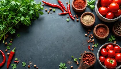 Fototapeta premium Fresh parsley, red chili peppers, tomatoes, and various spices in wooden bowls arranged on a dark surface. Ingredients for cooking healthy meals are laid out with a top down view. Culinary theme.