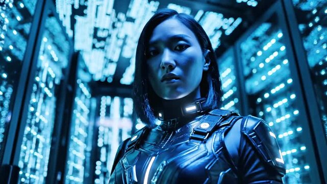 A woman in a metallic, futuristic suit stands amid neon server racks, scanning data. in motion. Now