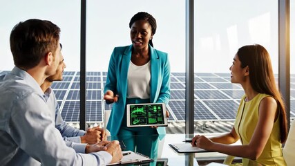 Diverse business professionals in a modern office discuss renewable energy presentation with solar panels visible through window - Powered by Adobe