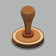 3D rendering of a round, red stamp with a distressed texture and handle, for official use