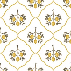 Seamless ornamental lemon and botanical pattern on white background