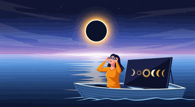 Woman Observing Solar Eclipse from Boat.